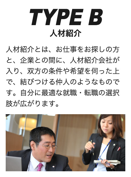 TYPE B人材紹介人材紹介とは、お仕事をお探しの方と、企業との間に、人材紹介会社が入り、双方の条件や希望を伺った上で、結びつける仲人のようなものです。自分に最適な就職・転職の選択肢が広がります。